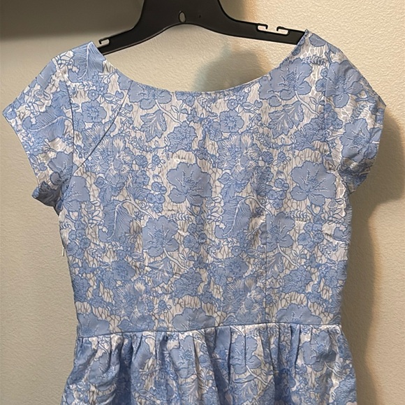 eShakti women's white silver & blue flower dress, Sz 10 pockets, jacquard, NWOT - Picture 7 of 12